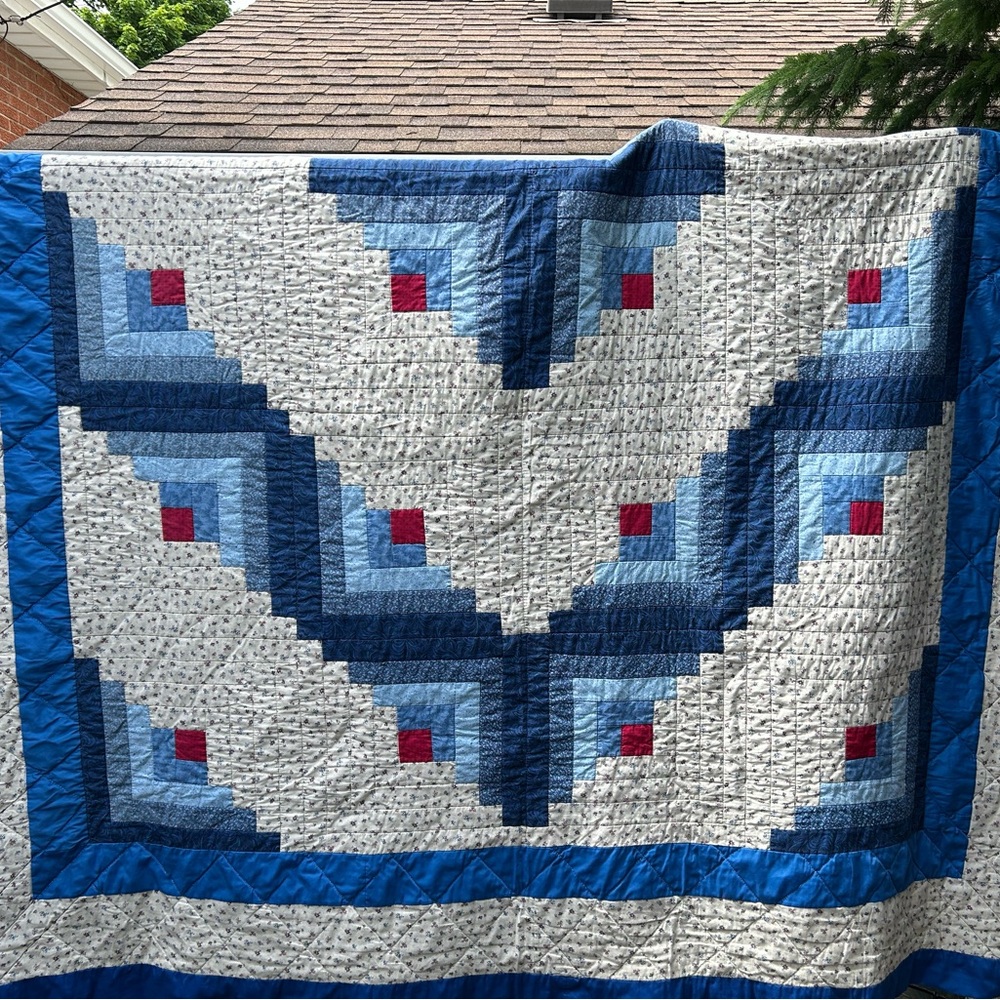 Homemade patchwork hand stitched Geometric Blue Log Cabin Quilt, queen 86”x108”